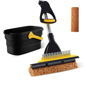 yocada collapsible plastic bucket mop bucket and sponge mop kit home commercial tile floor bathroom garage cleaning with total 2 sponge heads telescopic 42.5-52 inches easily dry wringing