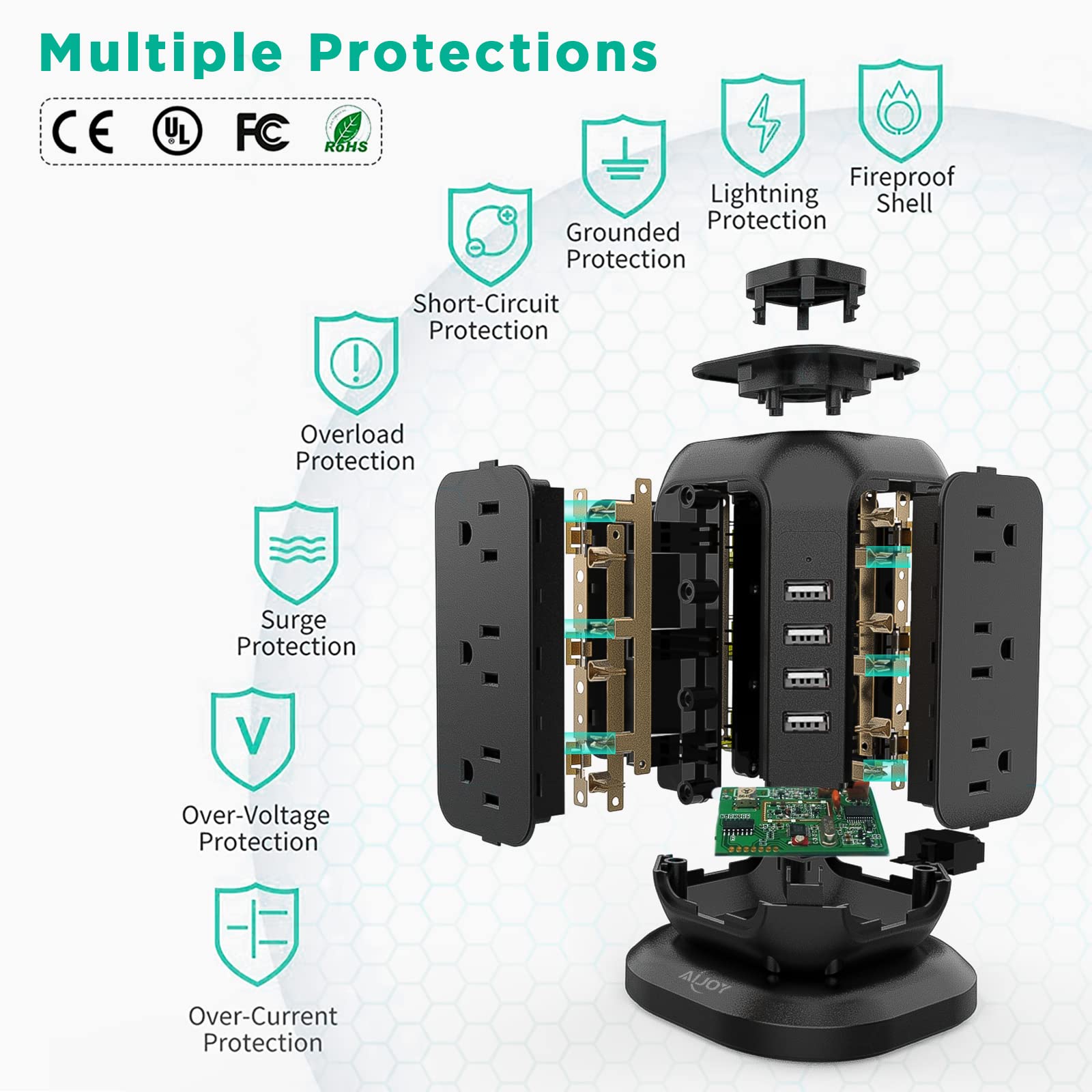 Power Strip Tower with USB Ports-AiJoy Surge Protector with 12 AC Outlet and 4 USB Ports, 10 Feet Extension Cord, USB Charging Station with Overload Protection