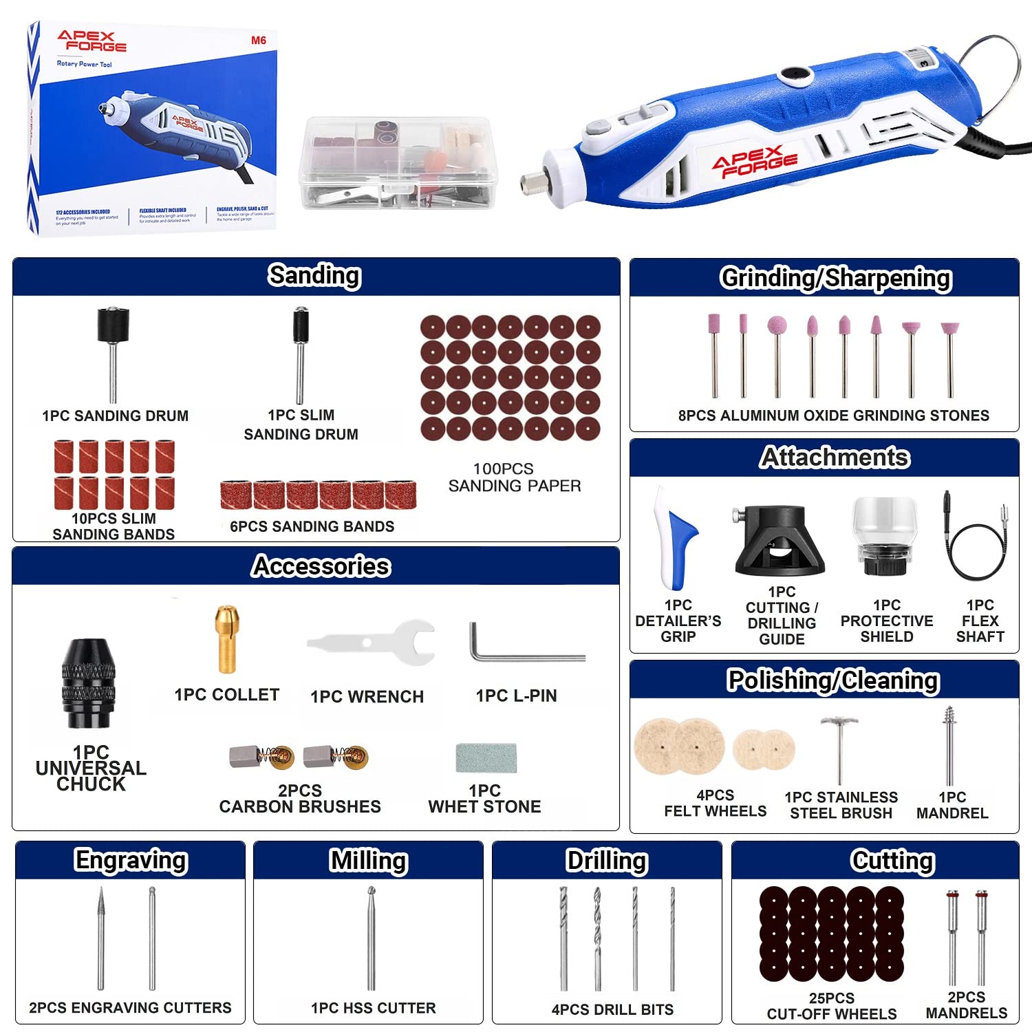 APEXFORGE M0 Rotary Tool Accessories Kit + M6 Rotary Tool Kit, Keyless Chuck & Flex Shaft, 357 + 172 Accessories, 6-Speed, 4 Attachments & Carrying Case, Ideal for Cutting/Sanding/Drilling/Sharpening