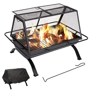 suncreat outdoor fire pit with steel grill, 36 inch large wood burning firepit for outside with cooking bbq grill grate, spark screen, fireplace poker, and waterproof cover