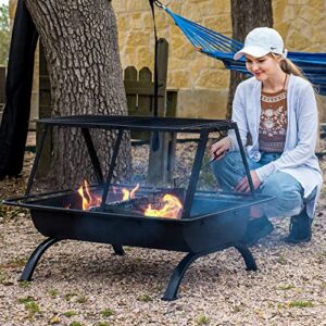 SUNCREAT Outdoor Fire Pit with Steel Grill, 36 Inch Large Wood Burning Firepit for Outside with Cooking BBQ Grill Grate, Spark Screen, Fireplace Poker, and Waterproof Cover