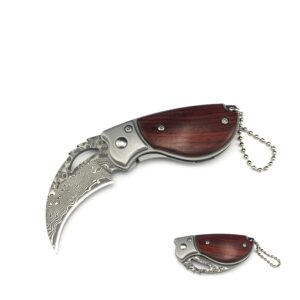huaao 4.6’’ damascus pocket knife wood handle, liner lock, keychain, mini pocket knife for men outdoor camping gift