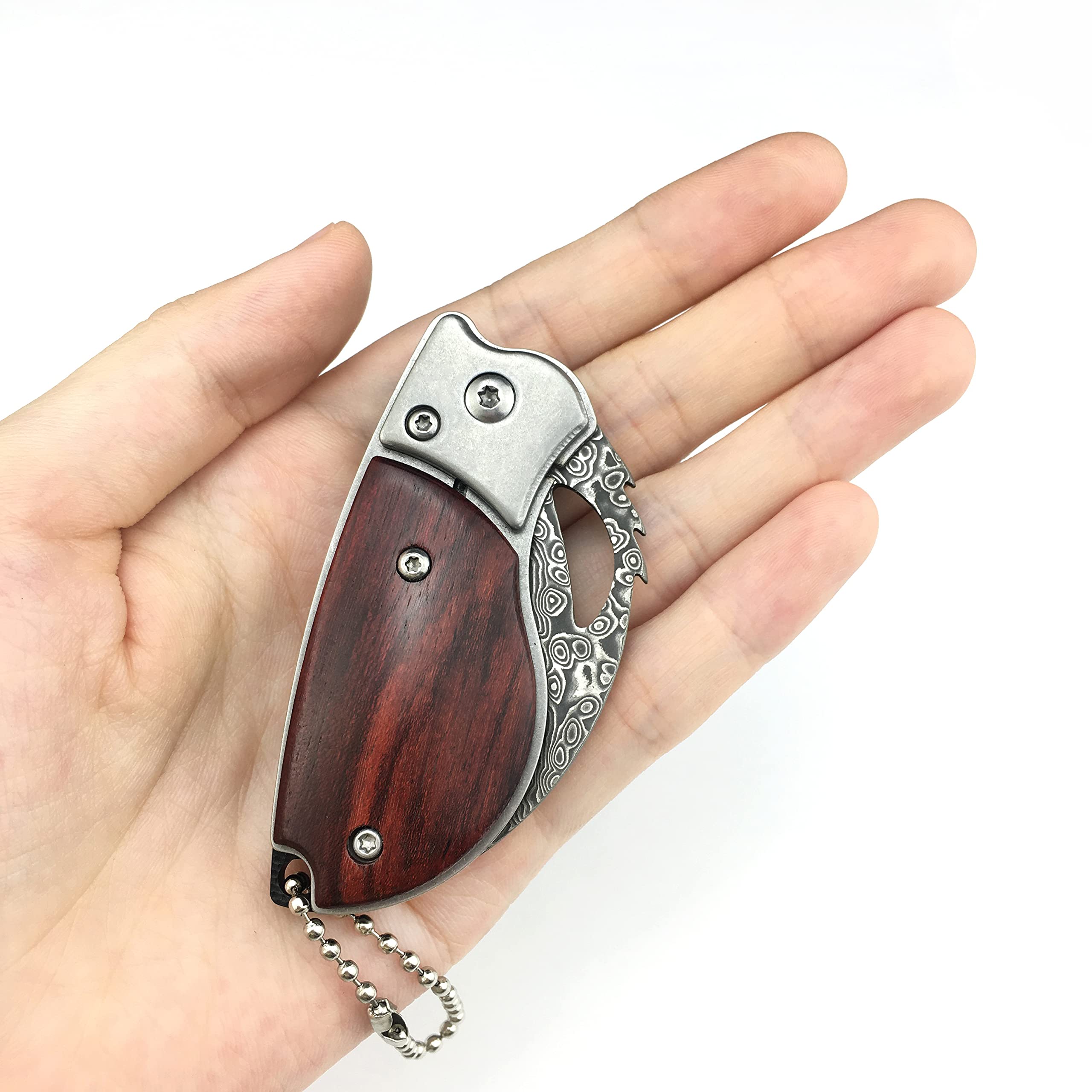 HUAAO 4.6’’ Damascus Pocket Knife Wood Handle, Liner Lock, Keychain, Mini Pocket Knife for Men Outdoor Camping Gift