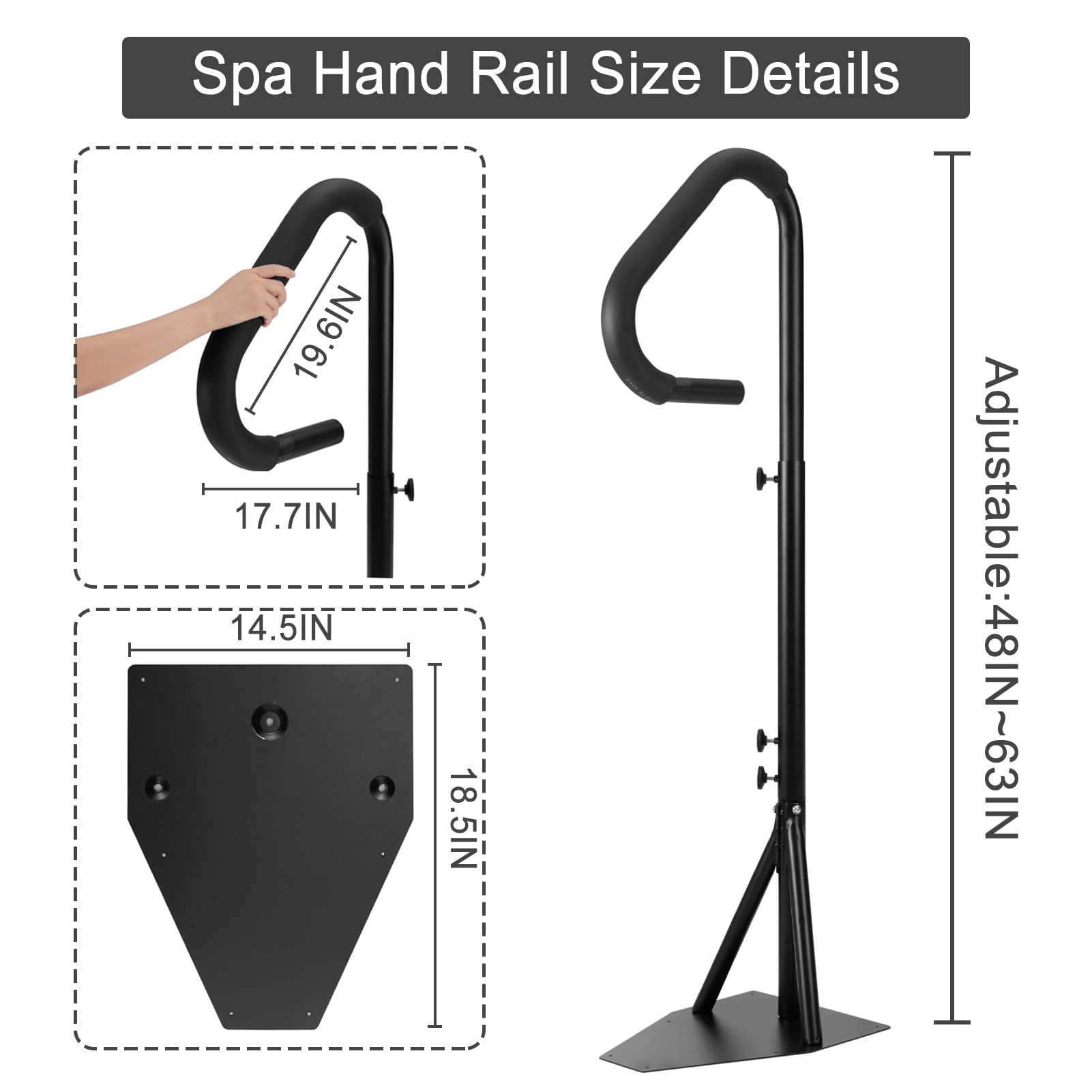 Spa Hot Tub Hand Rail - Adjustable Height 63'' Slide- Under Base Spa Steps Hot Tub Hand Rail, 600 LBS Load Spa Side Under Mount Rail, Spa Handrail for Hot Tub(Extra Long Rubber Sponge)