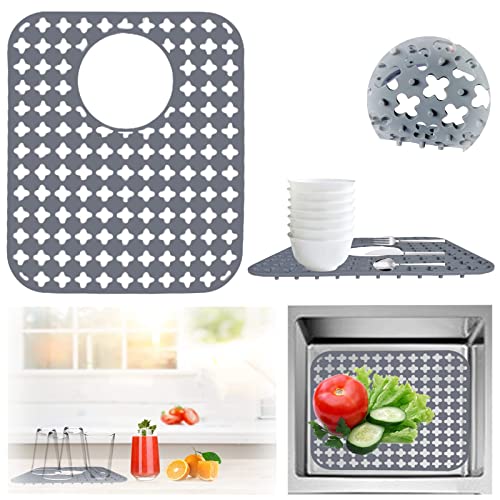 Silicone Kitchen Sink Mats, Folding Non-Slip Sink Grid Accessory, Grey Sink Protector Mat for Bottom of Farmhouse Stainless Steel Porcelain Sink (Rear Drain, 13.6"x11.5")