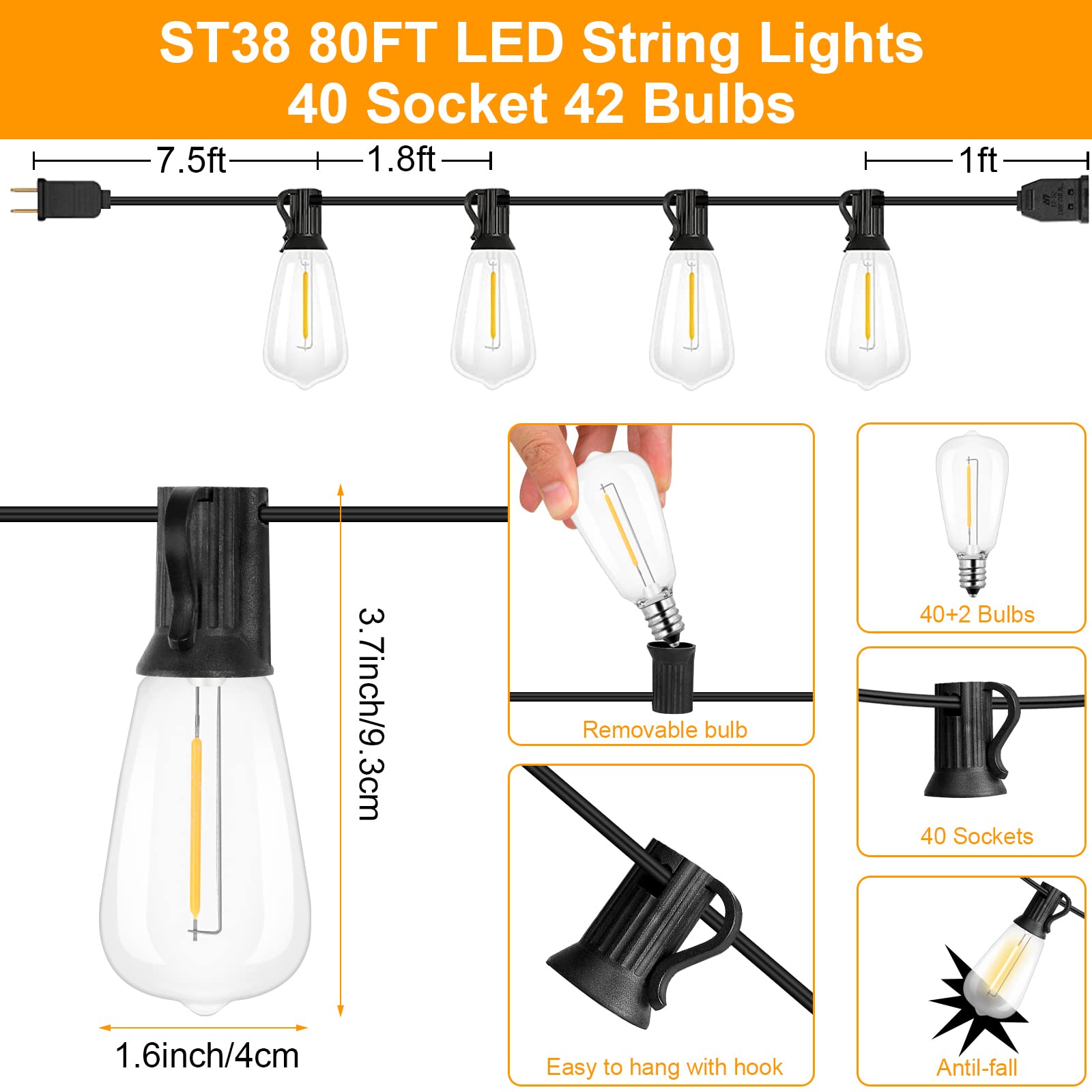 Outdoor String Lights 80ft ST38 Outdoor Lights with Waterproof Shatterproof 42 LED Bulbs(2 Spare)Connectable Patio Lights for Indoor Outdoor Courtyard Cafe Porch Party Led Outdoor String Lights