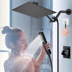 Shower Head Combo,10 Inch High Pressure Rain Shower Head with 11 Inch Adjustable Extension Arm and 3 Settings Handheld,Powerful Shower Spray Against Low Pressure Water with Long Hose