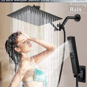 Shower Head Combo,10 Inch High Pressure Rain Shower Head with 11 Inch Adjustable Extension Arm and 3 Settings Handheld,Powerful Shower Spray Against Low Pressure Water with Long Hose