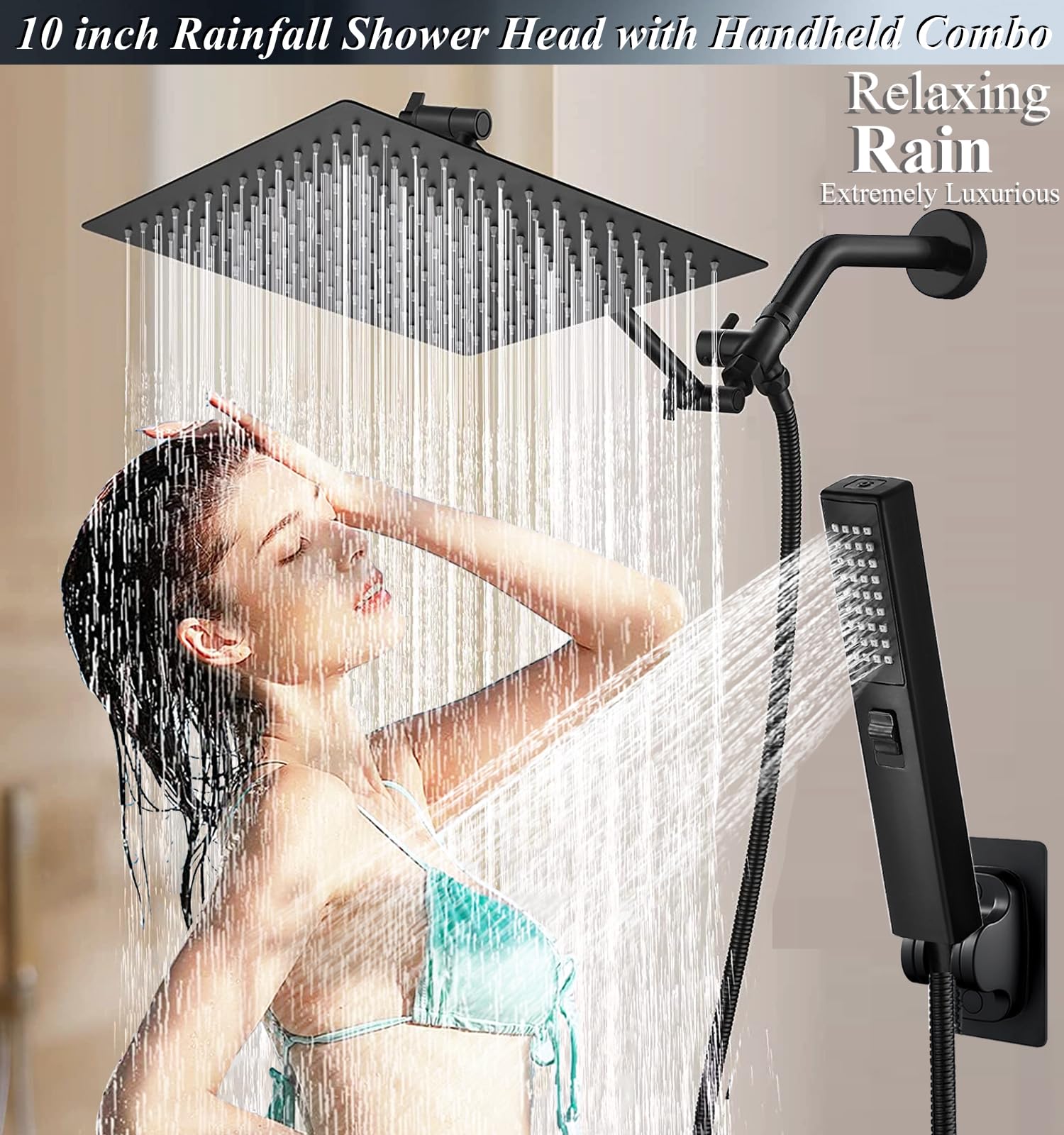 Shower Head Combo,10 Inch High Pressure Rain Shower Head with 11 Inch Adjustable Extension Arm and 3 Settings Handheld,Powerful Shower Spray Against Low Pressure Water with Long Hose