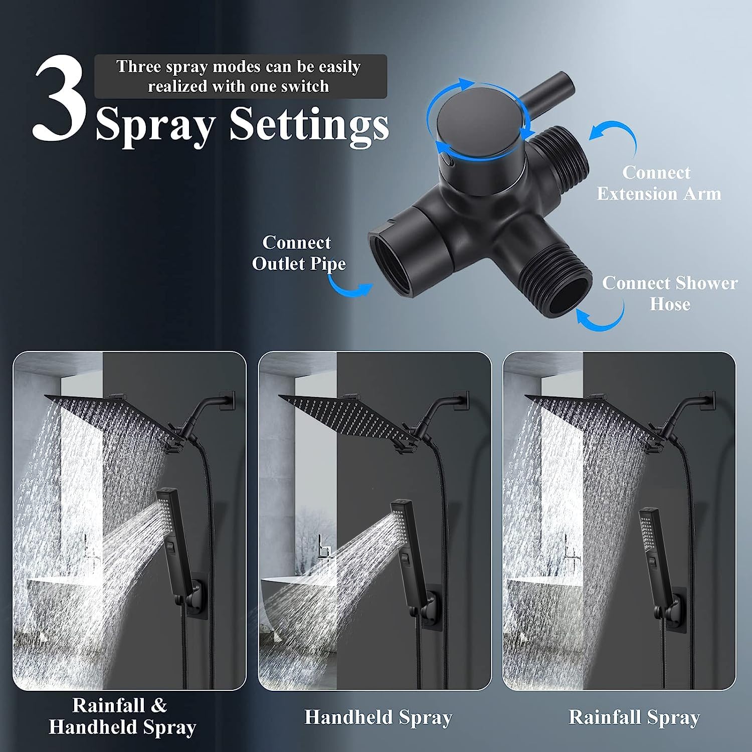 Shower Head Combo,10 Inch High Pressure Rain Shower Head with 11 Inch Adjustable Extension Arm and 3 Settings Handheld,Powerful Shower Spray Against Low Pressure Water with Long Hose