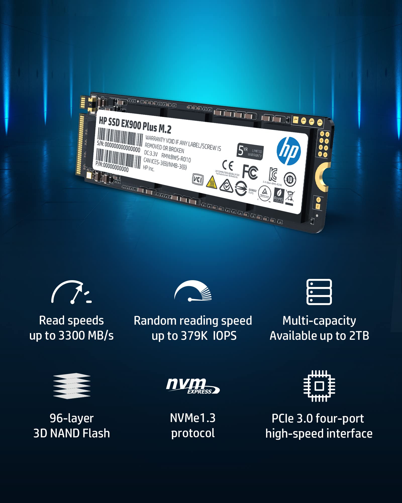 HP EX900 Plus 512GB NVMe PCIe M.2 Interface SSD, GEN 3 x 4, 8 Gb/s, 2280 3D NAND PC Internal Solid State Hard Drive Up to 3200 MB/s - 35M33AA#ABA