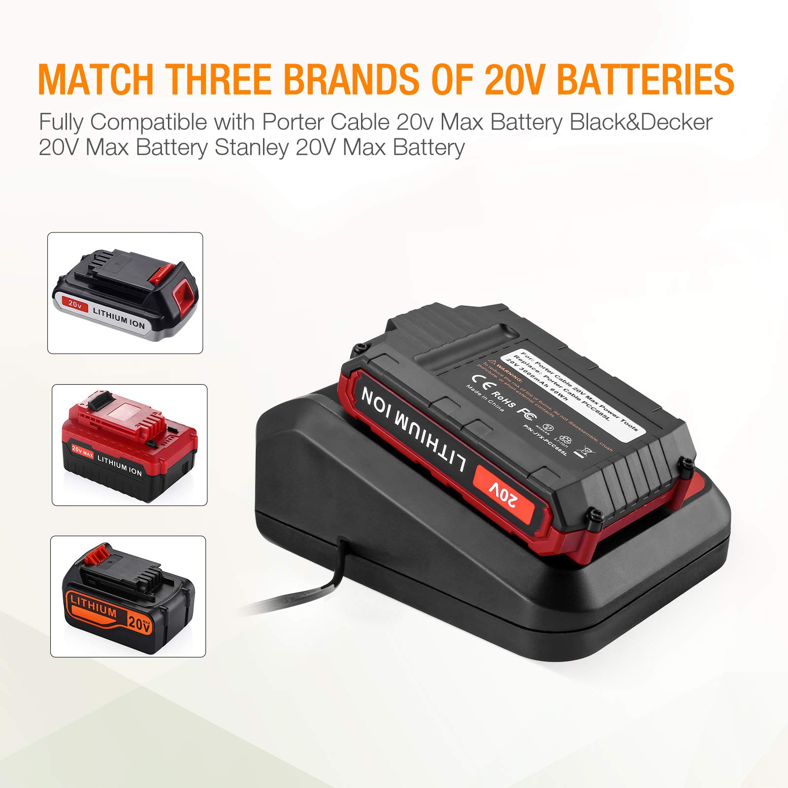 3.0Ah PCC685L Lithium Ion Battery Compatible with Porter Cable 20V Battery with Charger for PCC685L PCC680L PCC682L PCC685LP PCC692L PCC681L Cordless Power Tools Battery