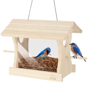 solution4patio wooden bluebird mealworm feeder, w/perches, two side 3.2" dia entry holes, metal mesh tray, large capacity, easy to clean & fill, 8.6" w x 5.6" d x 8.2" h, b101d01-us