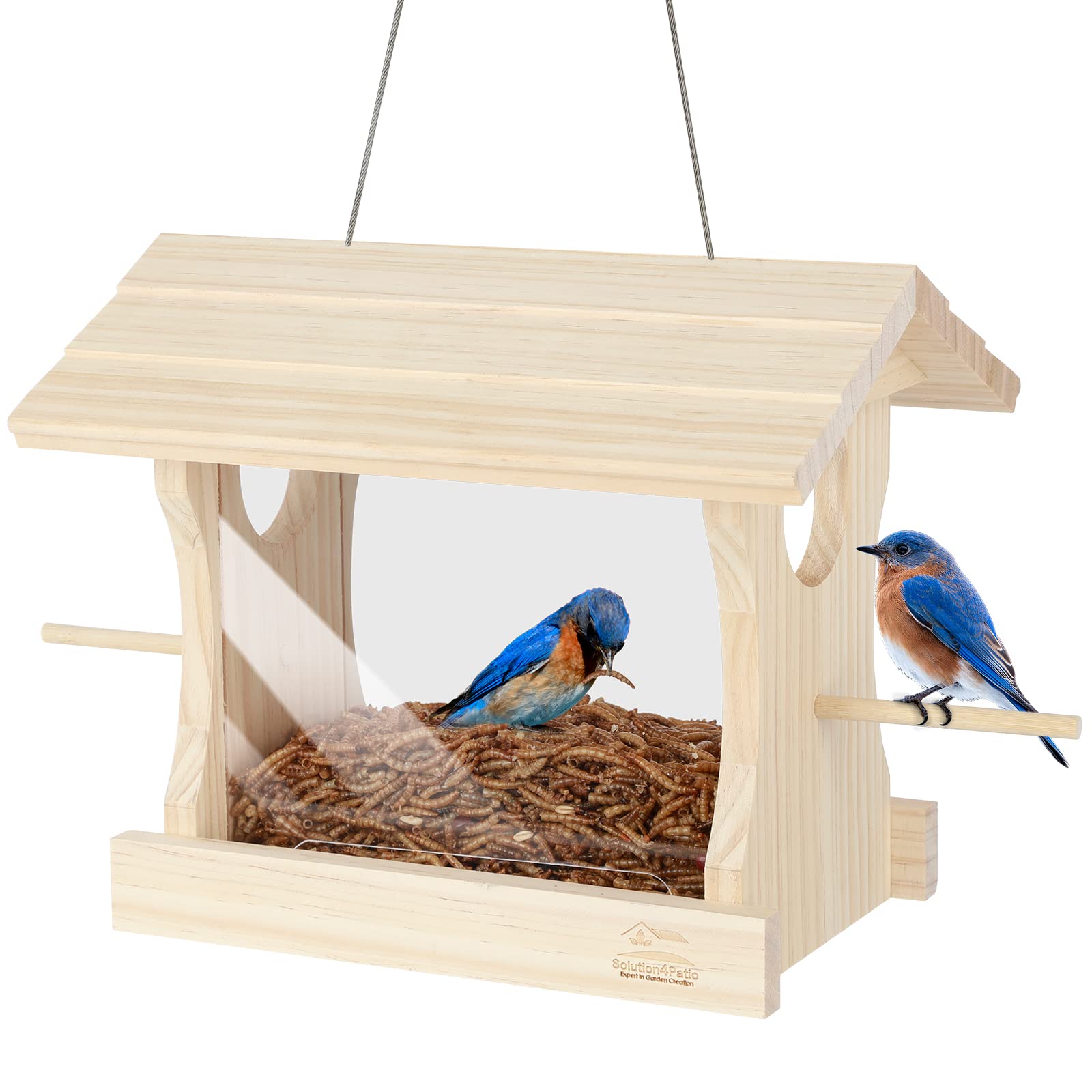 Solution4Patio Wooden Bluebird Mealworm Feeder, W/Perches, Two Side 3.2" Dia Entry Holes, Metal Mesh Tray, Large Capacity, Easy to Clean & Fill, 8.6" W x 5.6" D x 8.2" H, B101D01-US