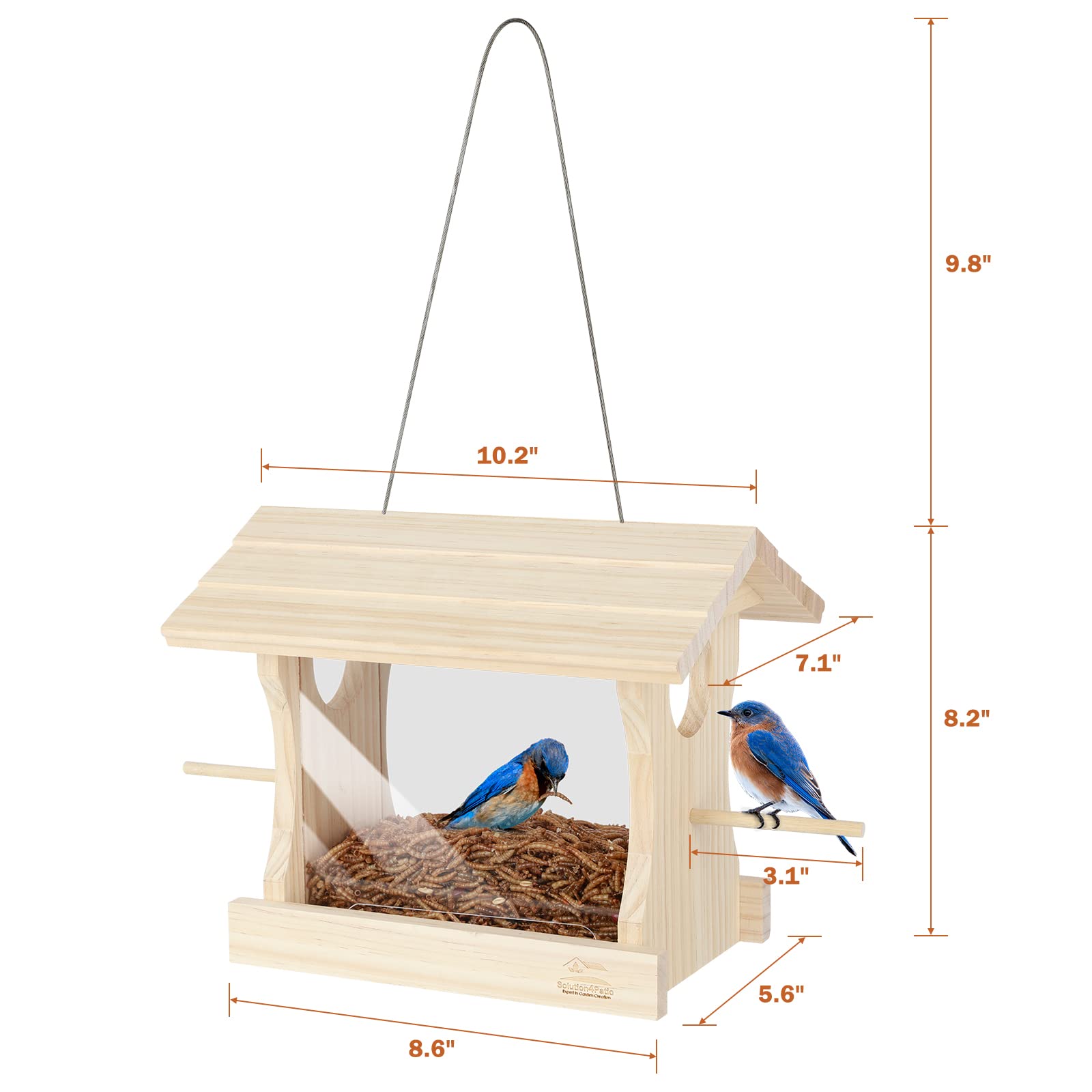 Solution4Patio Wooden Bluebird Mealworm Feeder, W/Perches, Two Side 3.2" Dia Entry Holes, Metal Mesh Tray, Large Capacity, Easy to Clean & Fill, 8.6" W x 5.6" D x 8.2" H, B101D01-US