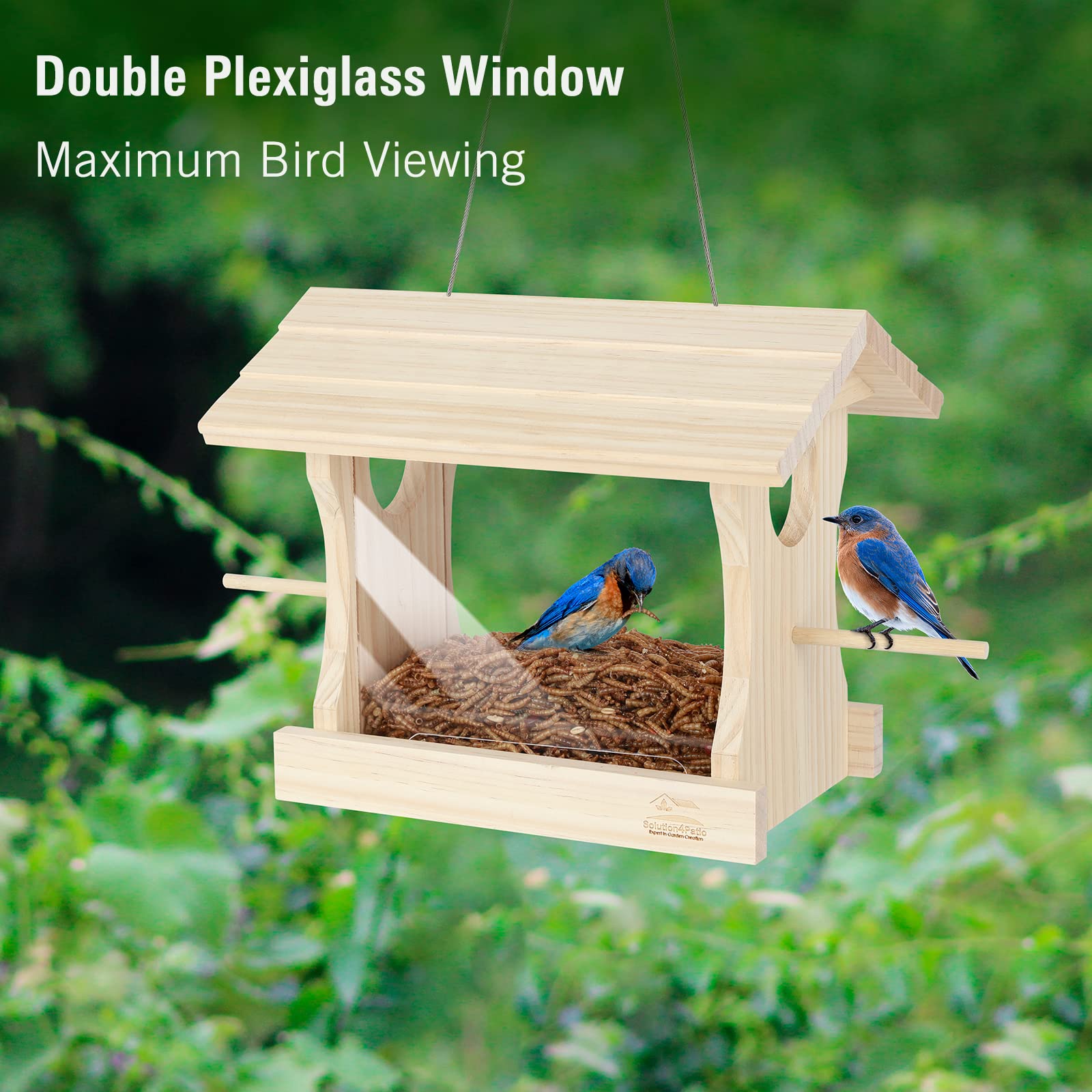 Solution4Patio Wooden Bluebird Mealworm Feeder, W/Perches, Two Side 3.2" Dia Entry Holes, Metal Mesh Tray, Large Capacity, Easy to Clean & Fill, 8.6" W x 5.6" D x 8.2" H, B101D01-US