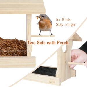 Solution4Patio Wooden Bluebird Mealworm Feeder, W/Perches, Two Side 3.2" Dia Entry Holes, Metal Mesh Tray, Large Capacity, Easy to Clean & Fill, 8.6" W x 5.6" D x 8.2" H, B101D01-US