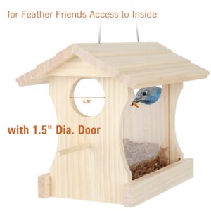 Solution4Patio Wooden Bluebird Mealworm Feeder, W/Perches, Two Side 3.2" Dia Entry Holes, Metal Mesh Tray, Large Capacity, Easy to Clean & Fill, 8.6" W x 5.6" D x 8.2" H, B101D01-US