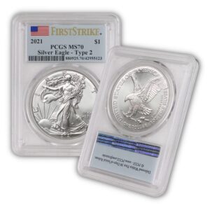 2021 1 oz american silver eagle coins ms-70 (type 2 - first strike - flag label) $1 ms70 pcgs
