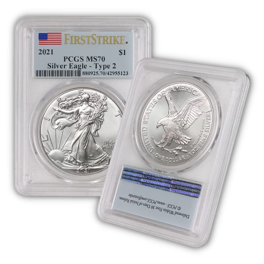 2021 1 oz American Silver Eagle Coins MS-70 (Type 2 - First Strike - Flag Label) $1 MS70 PCGS