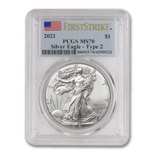 2021 1 oz American Silver Eagle Coins MS-70 (Type 2 - First Strike - Flag Label) $1 MS70 PCGS