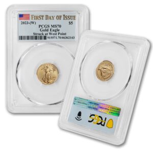 2023 (w) 1/10 oz american eagle gold bullion coin ms-70 (first day of issue - struck at west point - flag label) 22k $5 pcgs ms70