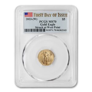 2023 (W) 1/10 oz American Eagle Gold Bullion Coin MS-70 (First Day of Issue - Struck at West Point - Flag Label) 22K $5 PCGS MS70