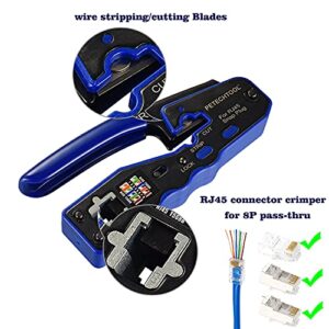 RJ45 Crimp Tool All-in-one Ethernet Crimping Tool Stripper Cutter for Pass Through Cat5 Cat6 Connectors with Cable Tester and Cat6 UTP and Shield Connectors and Black Cable Tie