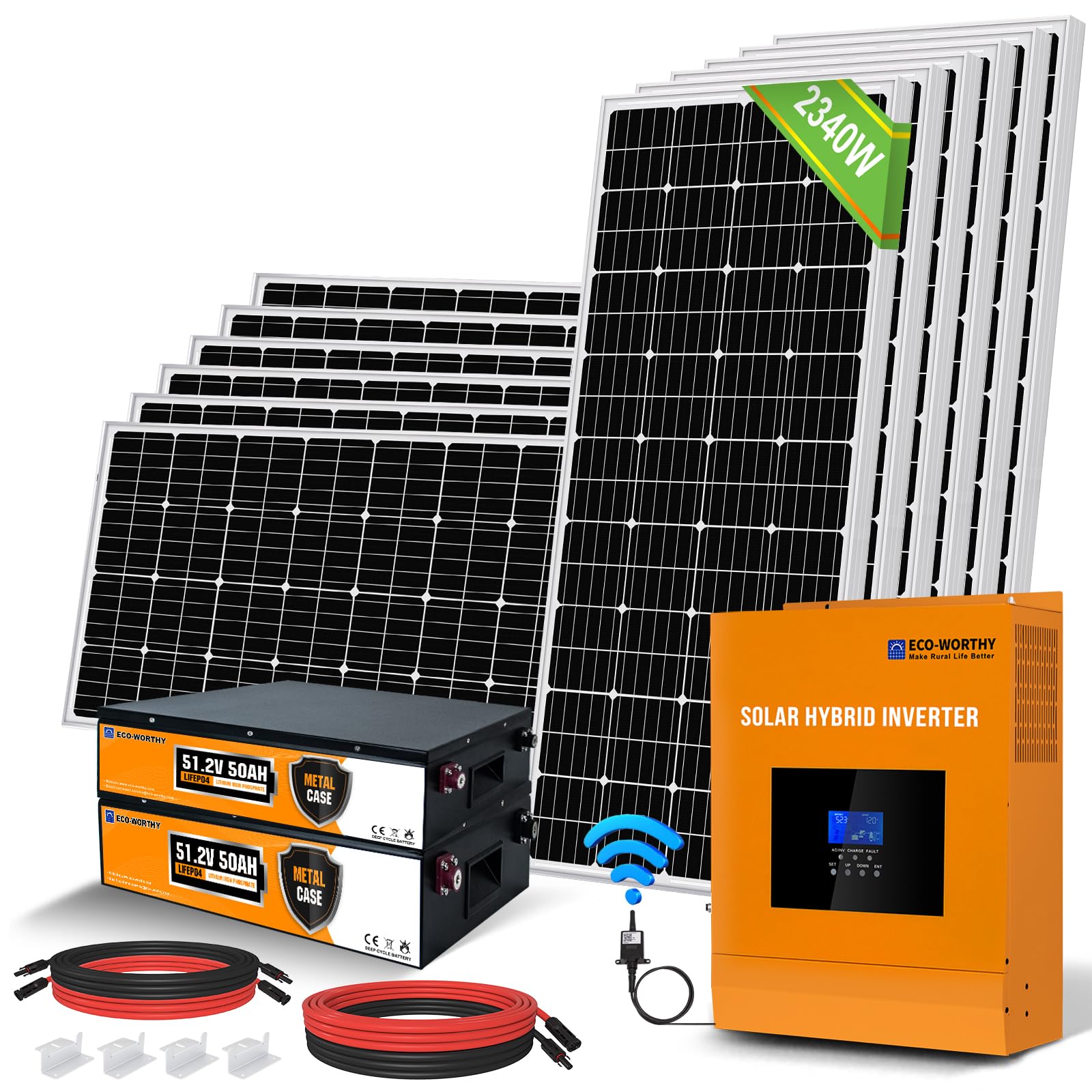 ECO-WORTHY 9.4KWH 2340W 48V Off Grid Complete Solar Panel Kit for Home/Shed: 12pcs 195W Solar Panel + 2pcs 48V 50AH Lithium Battery(5.12KWH) + 5000W 48v All-in-one MPPT Charger Inverter,Plug and Play