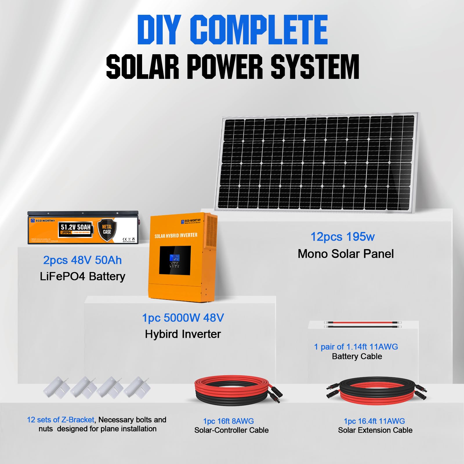 ECO-WORTHY 9.4KWH 2340W 48V Off Grid Complete Solar Panel Kit for Home/Shed: 12pcs 195W Solar Panel + 2pcs 48V 50AH Lithium Battery(5.12KWH) + 5000W 48v All-in-one MPPT Charger Inverter,Plug and Play