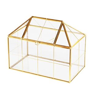 vellon golden plant terrarium for greenery and bonsai, house-shape desktop planter, glass reptile breeding box, wardian case planter, golden decor of home and garden