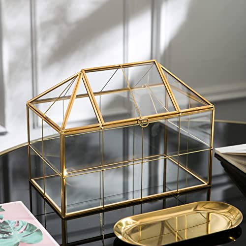 Vellon Golden Plant Terrarium for Greenery and Bonsai, House-Shape Desktop Planter, Glass Reptile Breeding Box, Wardian Case Planter, Golden Decor of Home and Garden