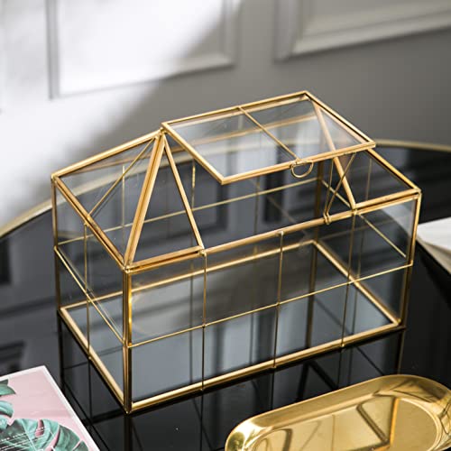 Vellon Golden Plant Terrarium for Greenery and Bonsai, House-Shape Desktop Planter, Glass Reptile Breeding Box, Wardian Case Planter, Golden Decor of Home and Garden