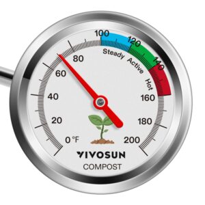 vivosun compost thermometer, 20 inch backyard soil thermometer with stainless steel dial for composting bins, outdoor gardening and planting (0-200°f)