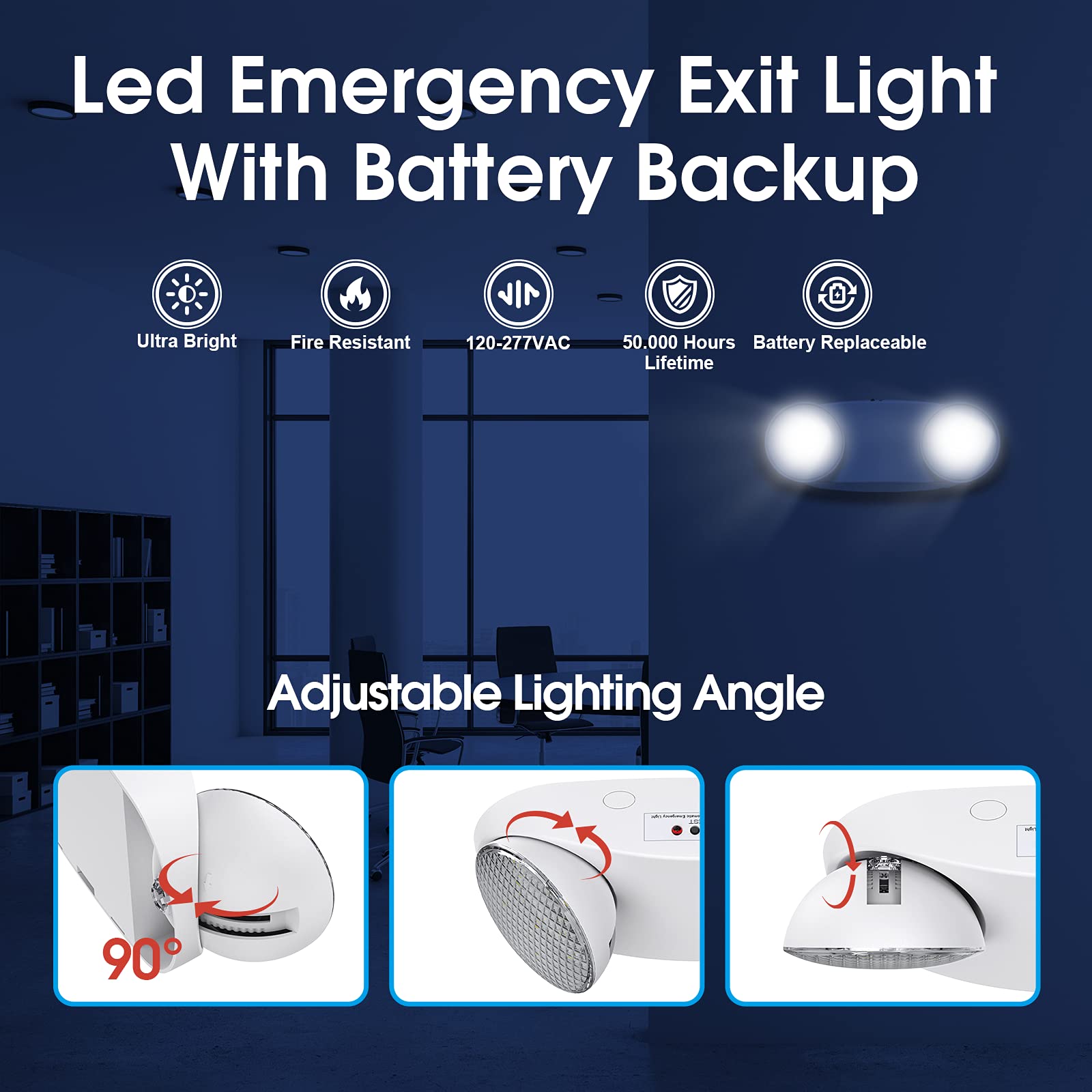 SITISFI Emergency Light with Battery Backup, Commercial Hardwired Exit Lighting Fixtures, Two Adjustable Head LED Emergency Lighting, AC 120-277V, UL Certified (6Pack)