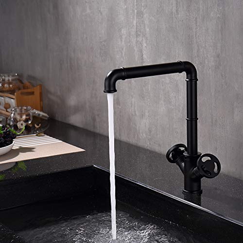 Kitchen Sink Faucet Black Vintage Industrial Pipe Tap Steampunk Style Dual Handwheel Cold and hot Water Mixer Faucet 360° Swivel Spout Sink Taps All Brass Casting Faucet with Standard Fittings