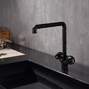 Kitchen Sink Faucet Black Vintage Industrial Pipe Tap Steampunk Style Dual Handwheel Cold and hot Water Mixer Faucet 360° Swivel Spout Sink Taps All Brass Casting Faucet with Standard Fittings