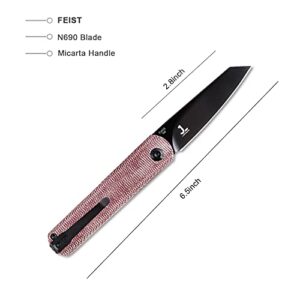 Kizer Feist Red Micarta Pocket Knife, CPM-3V Reverse Tanto Blade Front Flipper Knife for Outdoor, Mini Knife for EDC, V3499ED