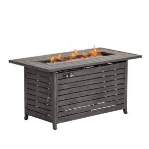 cosiest outdoor fire table, 46-inch x 25-inch rectangle hand painted faux grey birch fire table, 40,000 btu auto-ignition fire bowl w metal lid, rain cover