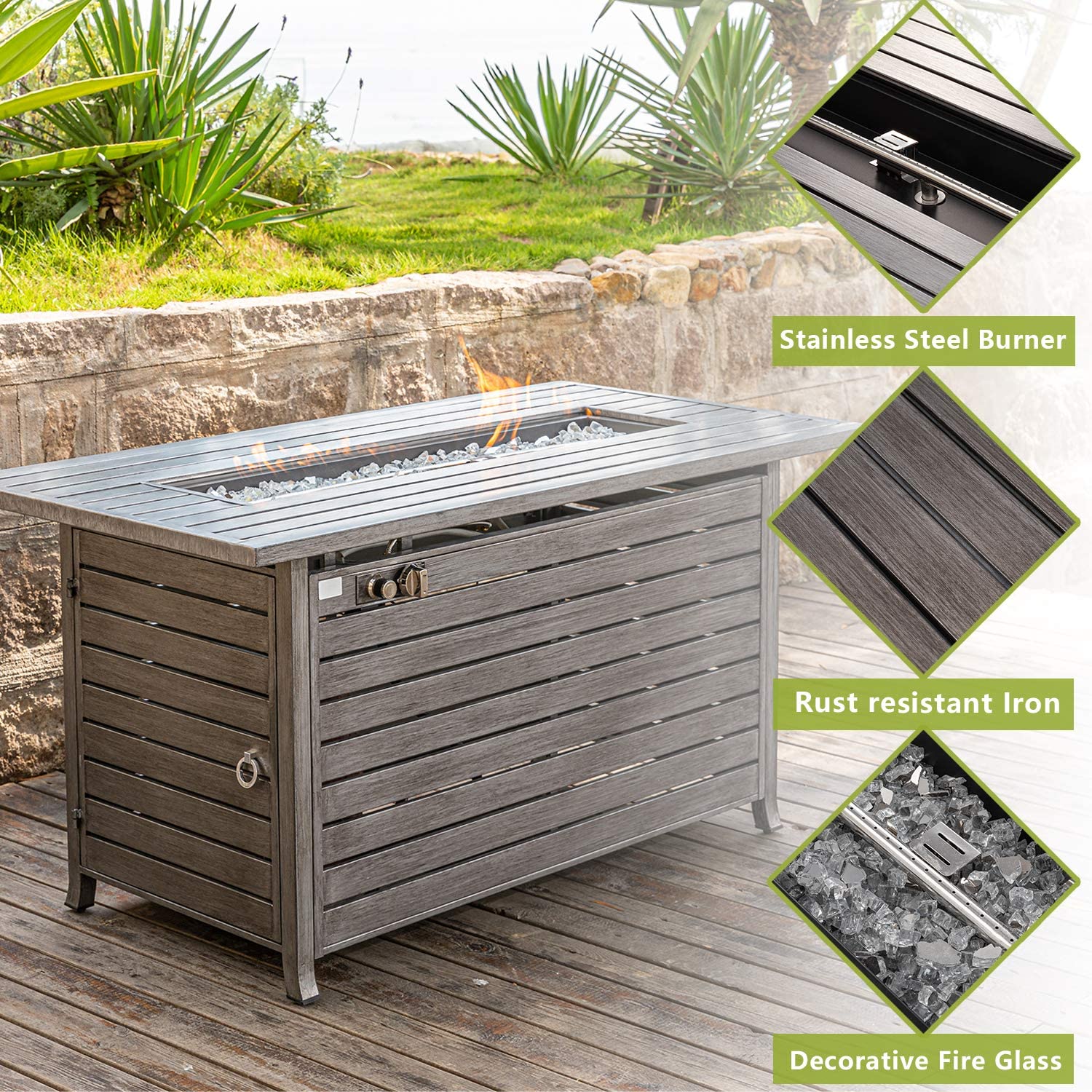 COSIEST Outdoor Fire Table, 46-inch x 25-inch Rectangle Hand Painted Faux Grey Birch Fire Table, 40,000 BTU Auto-Ignition Fire Bowl w Metal Lid, Rain Cover