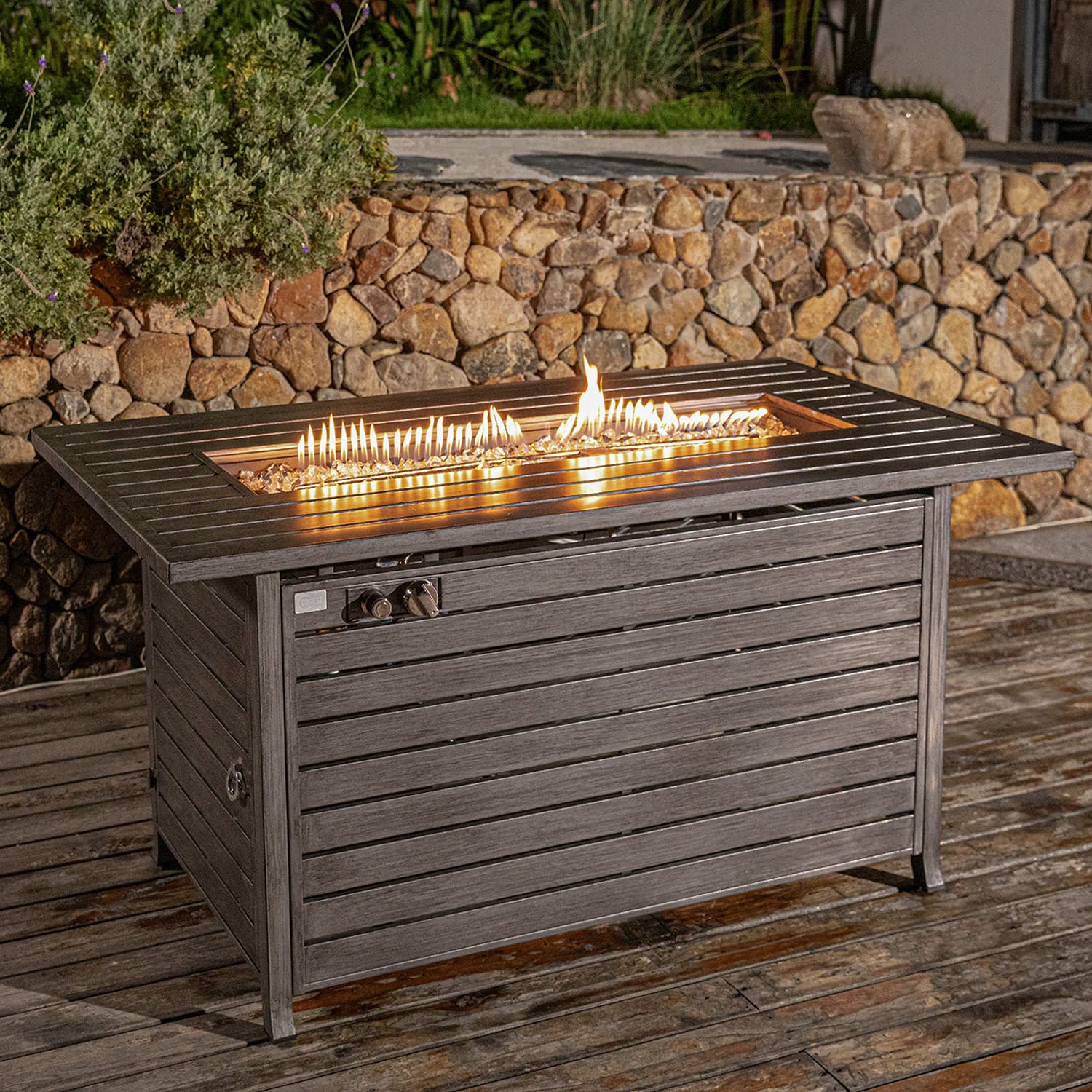 COSIEST Outdoor Fire Table, 46-inch x 25-inch Rectangle Hand Painted Faux Grey Birch Fire Table, 40,000 BTU Auto-Ignition Fire Bowl w Metal Lid, Rain Cover