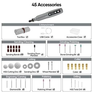 JEDIA Cordless Rotary Tool Kit, Father's Day 5-Speed Variable and USB Charging Cable Mini Power Rotary Tools, 3.7V with 45pcs Accessories for Fathers Gift, Sanding, Engraving, Polishing(Grey)