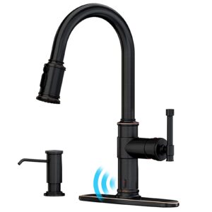 touchless oil rubbed bronze kitchen faucet with soap dispenser, dayone single handle faucets for kitchen smart motion sensor activated hands-free pull down, robinet de cuisine sans contact