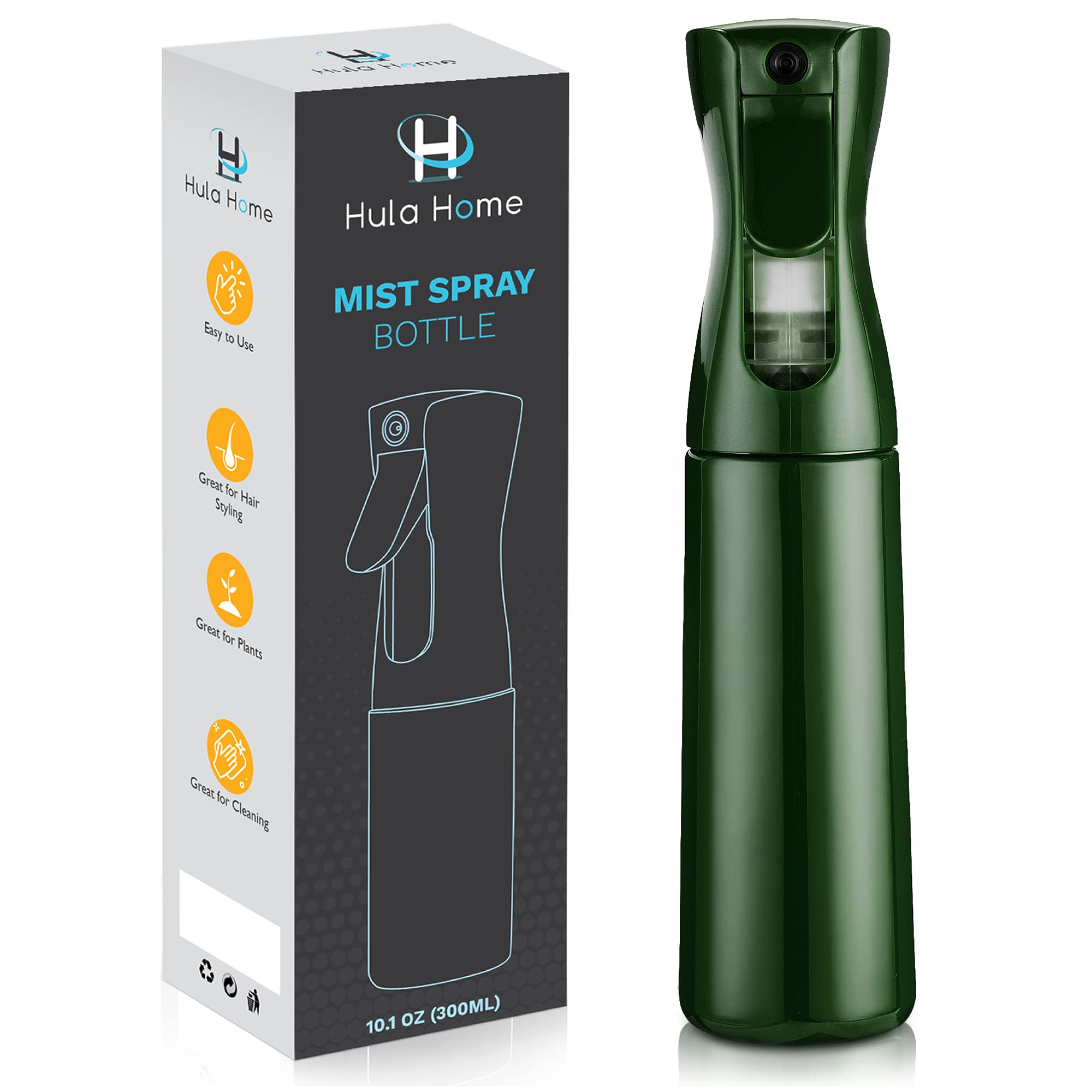 Hula Home Continuous Spray Bottle (10.1oz/300ml) Empty Ultra Fine Plastic Water Mist Sprayer – For Hairstyling, Cleaning, Salons, Plants, Essential Oil Scents & More - Green