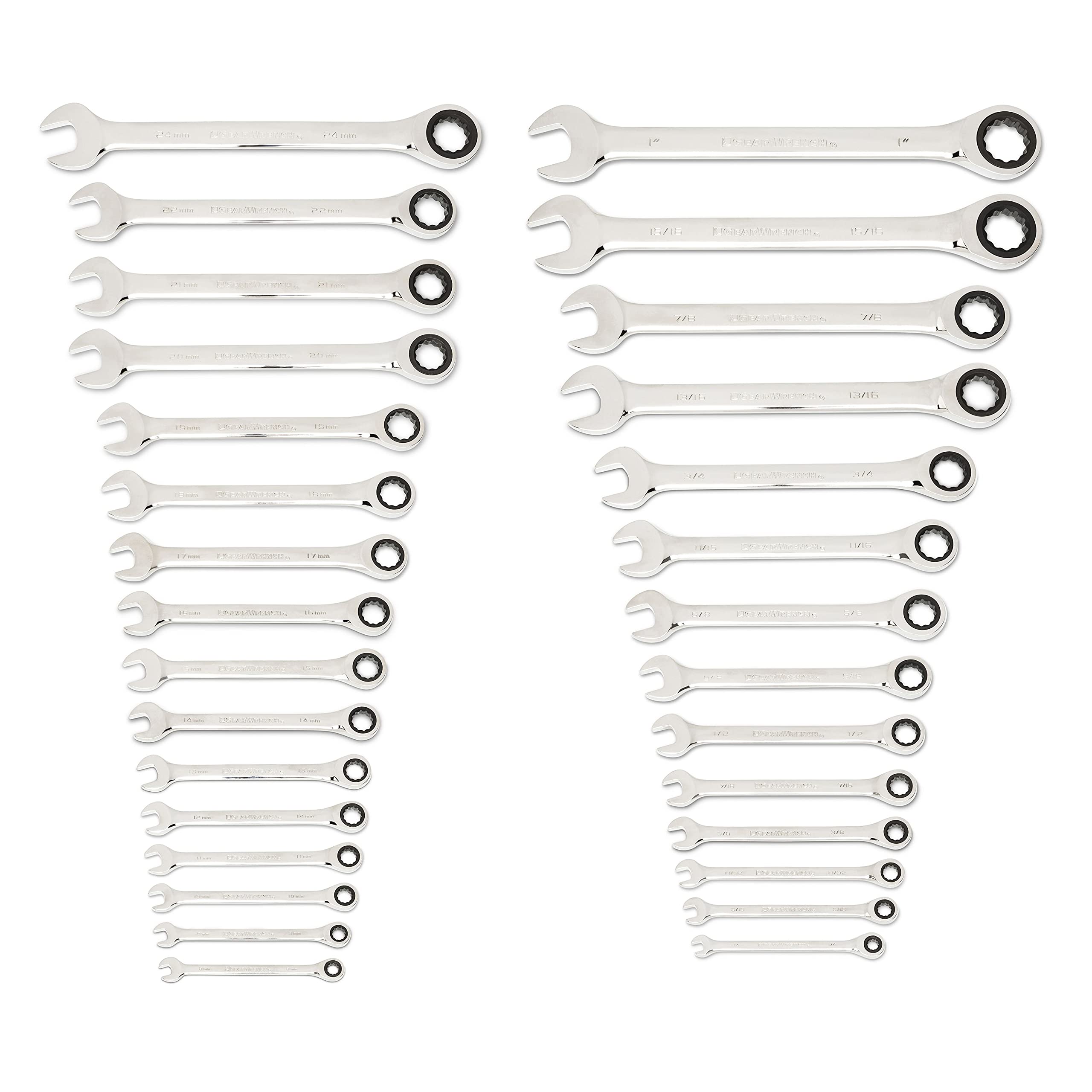 GEARWRENCH 30 Piece 12 Point Ratcheting Combination SAE/Metric (1/4-1 in., 8-24 mm) Wrench Set with Wrench Racks - 86702