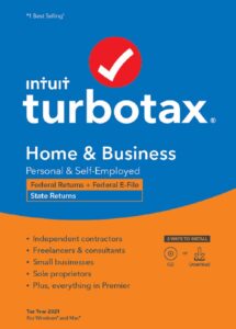 intuit, turbotax home & business 2021 tax software, federal and state tax return w/federal e-file [amazon exclusive] [pc/mac disc]