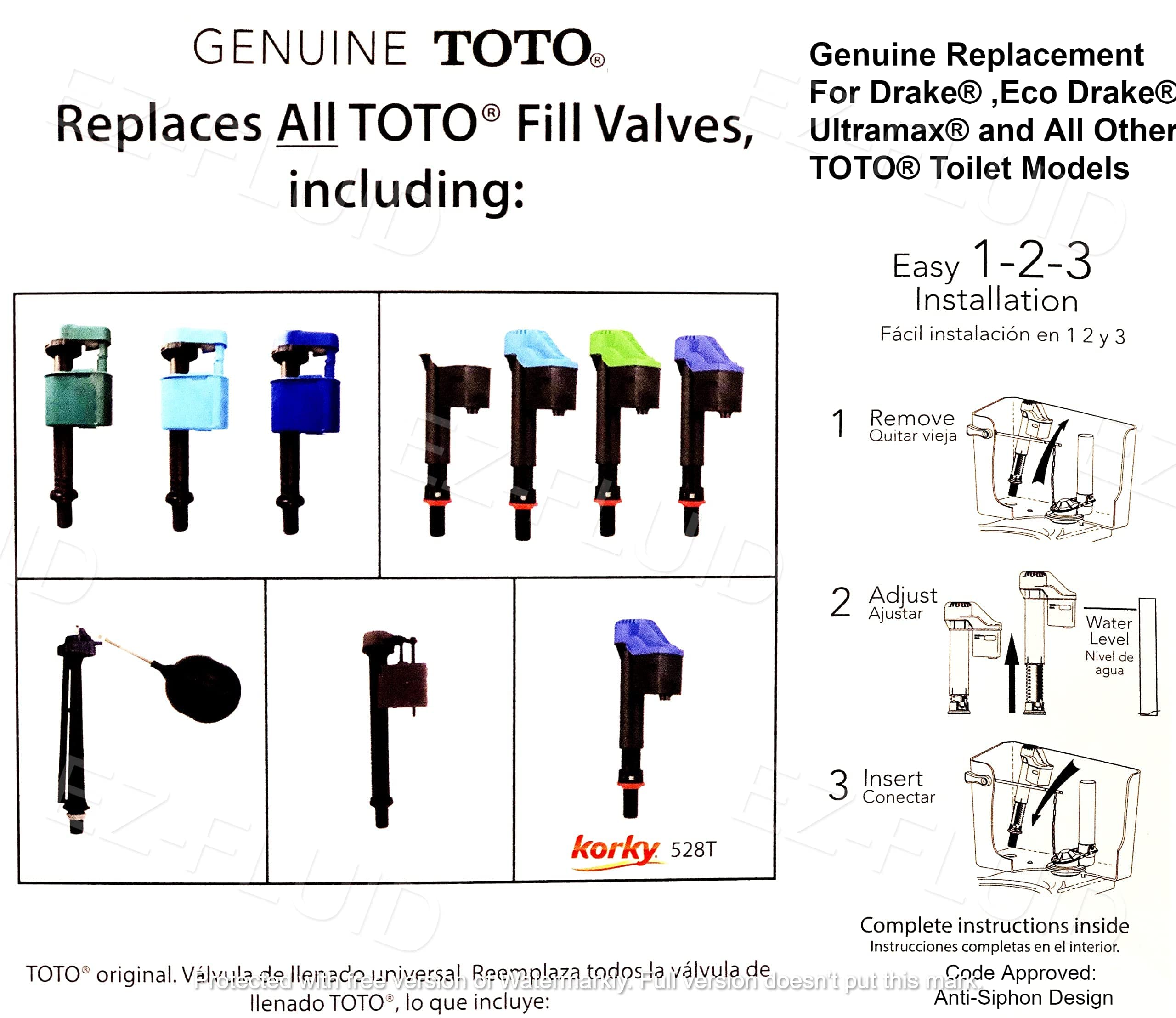 Genuine Toto USA Made Korky 528GT Blue Universal Toilet Fill Valve Replacement Assembly Kit Parts,Replace TSU99A.X and All other Toto Toilets (1)