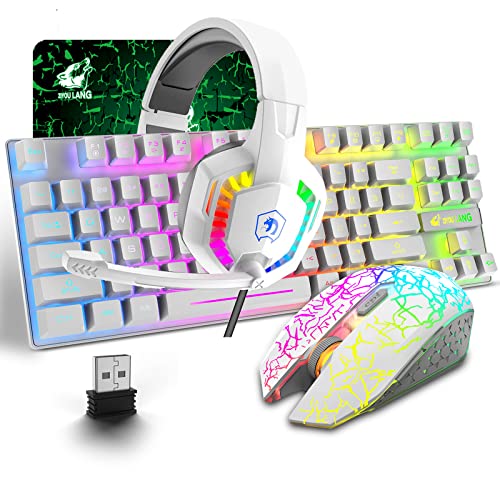 ZIYOU LANG Wireless Gaming Keyboard Mouse and Wired Headphone with Ergonomic 87Key Rainbow Backlight Rechargeable 3800mAh Battery Mechanical Anti-ghosting Mouse pad for PC Laptop Gamer Typist(White)