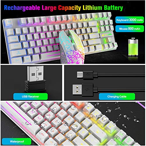 ZIYOU LANG Wireless Gaming Keyboard Mouse and Wired Headphone with Ergonomic 87Key Rainbow Backlight Rechargeable 3800mAh Battery Mechanical Anti-ghosting Mouse pad for PC Laptop Gamer Typist(White)