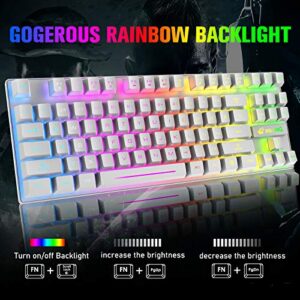 ZIYOU LANG Wireless Gaming Keyboard Mouse and Wired Headphone with Ergonomic 87Key Rainbow Backlight Rechargeable 3800mAh Battery Mechanical Anti-ghosting Mouse pad for PC Laptop Gamer Typist(White)